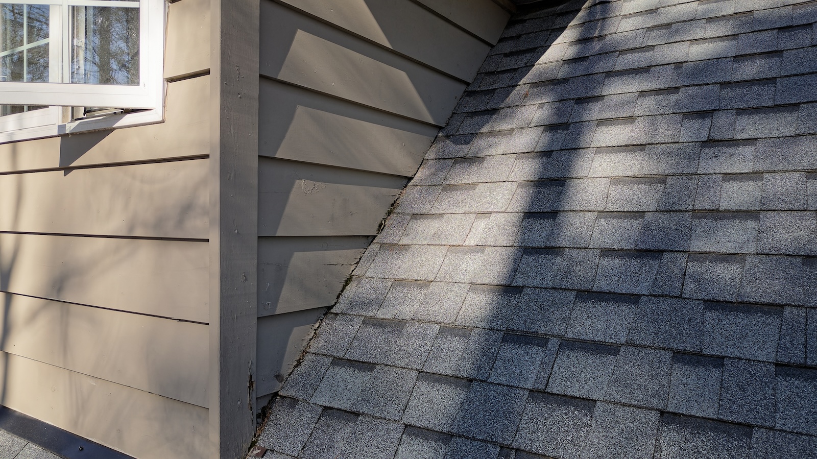 View of damaged rotten wood siding along shingles due to improper siding flashing installation