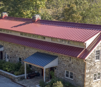 Overhead view of a large building after  a metal roof replacement  in Southeastern PA