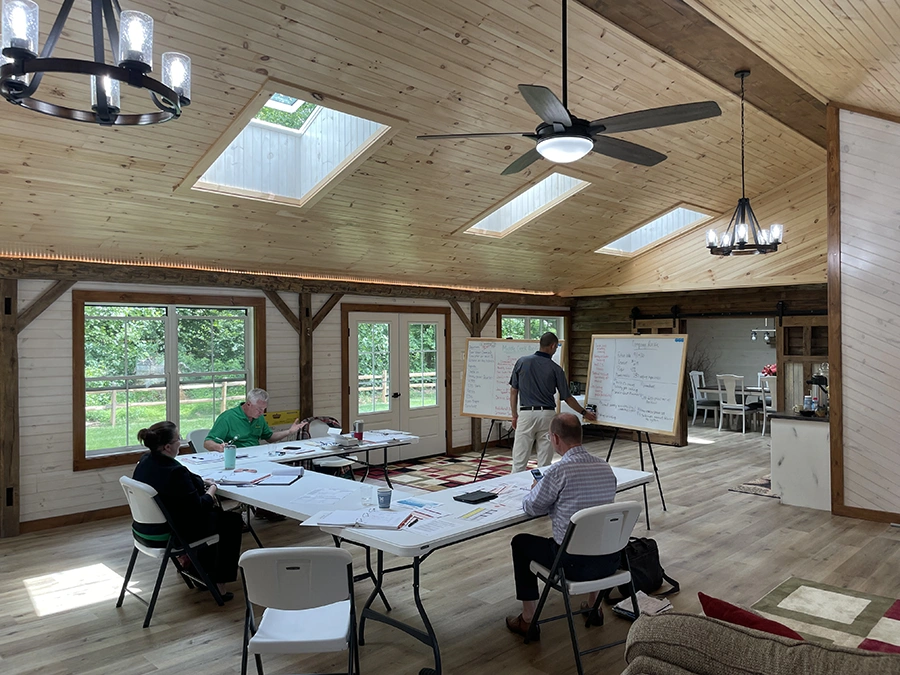 office space with three skylights